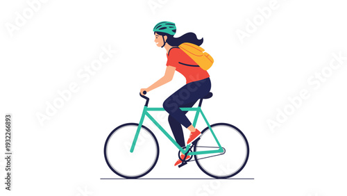 Young woman wearing a safety helmet and yellow backpack rides a turquoise bicycle while commuting through an urban environment.