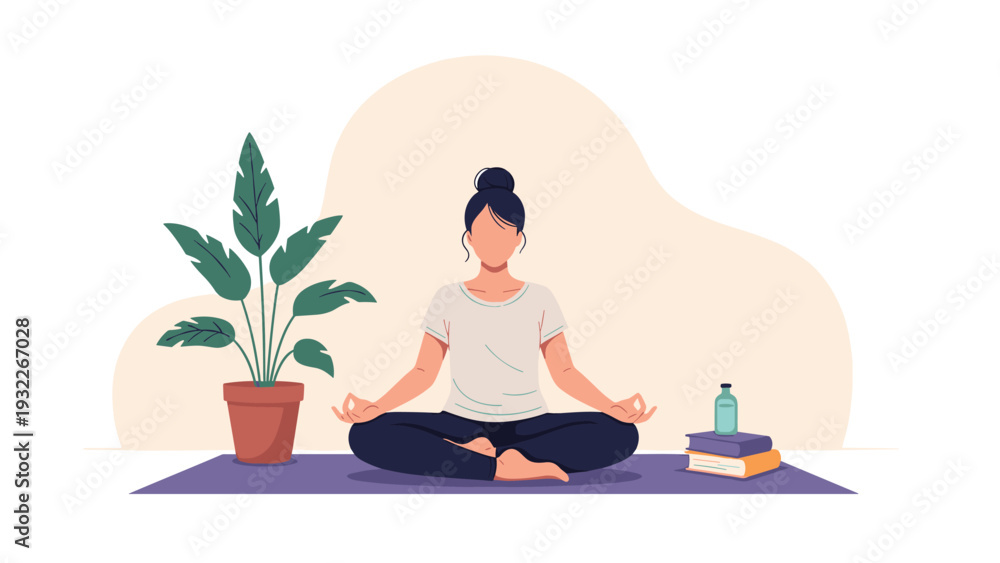 Fototapeta premium Peaceful woman sitting in a lotus meditation pose on a purple mat next to a large potted houseplant and a stack of colorful books.
