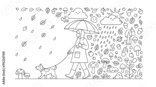 Charming autumn coloring page depicting a woman in a raincoat walking her dog through a forest filled with rain and falling leaves.