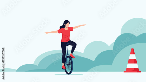 Skilled woman in a red shirt maintaining her balance while riding a unicycle past a striped traffic cone in a minimalist setting.