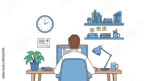 Professional man seen from behind while working at his tidy office desk with a computer, clock, and organized shelves on the wall.