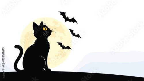 Mysterious silhouette of a black cat with yellow eyes sitting and looking up at a large full moon with bats flying in the night sky.