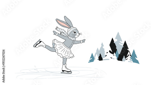Graceful cartoon rabbit wearing a winter hat and scarf while performing a figure skating move on a frozen pond with snowy trees.