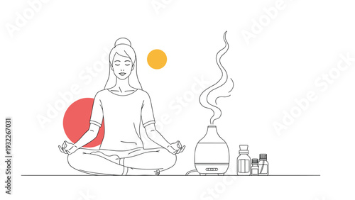 Minimalist line art of a woman meditating in silence with an ultrasonic essential oil diffuser emitting steam for aromatherapy.