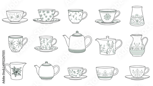 Large collection of delicate porcelain teacups, saucers, and teapots decorated with soft green floral and leaf patterns for tea time.
