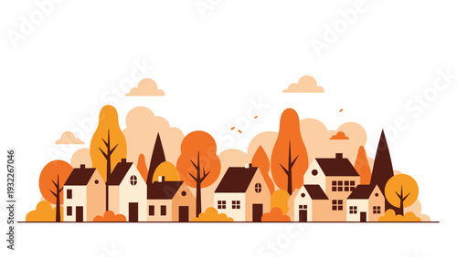 Minimalist landscape illustration of a peaceful village with small white houses tucked into a dense forest of orange autumn trees.