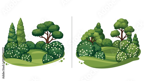 Two detailed pixel art vignettes of garden landscapes featuring manicured green bushes, tall pine trees, and flowering shrubs.