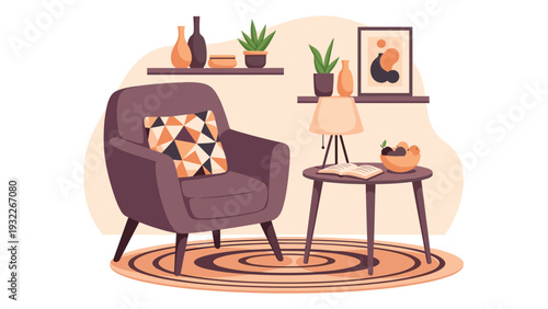 Stylishly decorated cozy living room interior with a purple armchair, round rug, small side table, and shelves with potted plants.