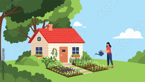 Peaceful scene of a woman watering a colorful flower garden in front of her charming little house with a red roof on a sunny day.