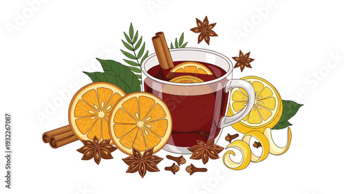 Warm mug of traditional mulled wine surrounded by cinnamon sticks, star anise, cloves, and fresh orange slices for winter.