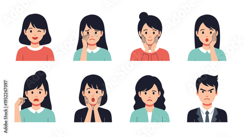 Diverse collection of female character avatars displaying various emotions ranging from happiness to surprise and sadness.