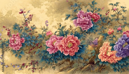 Beautiful flowers with colorful petals on a golden background.