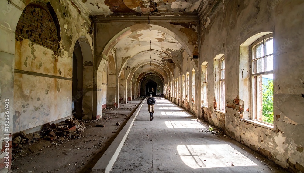 Fototapeta premium A long, abandoned corridor with a vaulted ceiling and windows