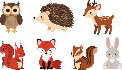 Cute woodland animal vector set with owl hedgehog deer squirrel fox chipmunk and rabbit cartoon characters for nursery wall art and children's book illustrations