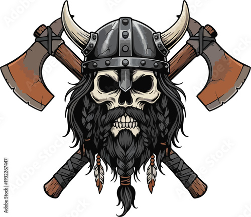 Fearsome Viking Skull with Horned Helmet and Crossed Battle Axes Vector Illustration