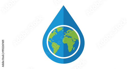 Water Drop with Globe Conservation Symbol. Vector Illustrations. EPS Editable