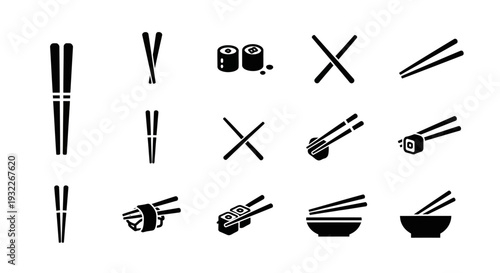 Collection of chopsticks and sushi illustrations on a clean white background, viewed from directly above.