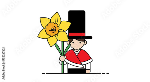 Welsh Boy Wearing Traditional Costume Holding a Daffodil Flower. Vector Illustrations. EPS Editable