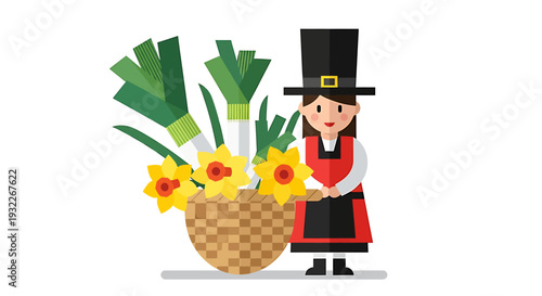Welsh girl in traditional costume with daffodils and leeks in a basket. Vector Illustrations. EPS Editable