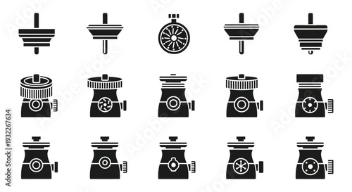 Collection of industrial machine parts and components displayed in a grid layout from a straightforward viewpoint