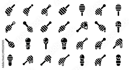 Collection of black and white striped dumbbells and barbells arranged in a grid pattern on a plain background from a straightforward viewpoint