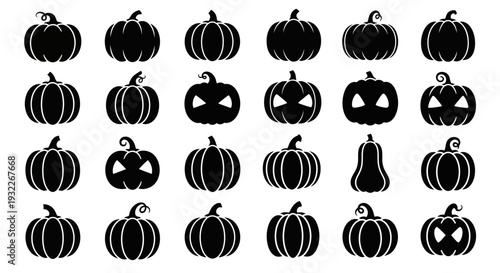Collection of various black pumpkin silhouettes on a white background, showcasing different designs and patterns, viewed from a straightforward perspective.