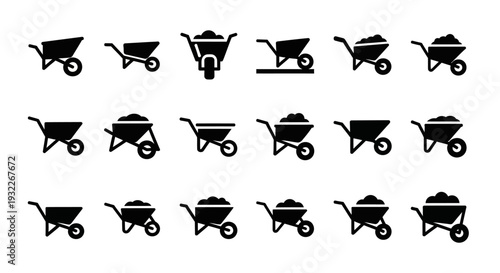 Collection of wheelbarrow icons in various poses and designs on a clean background