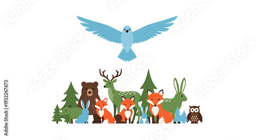 Wild Animals in Forest Landscape Illustration. Vector Illustrations. EPS Editable