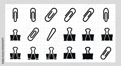 Collection of office stationery items including paper clips and binder clips displayed on a grid pattern