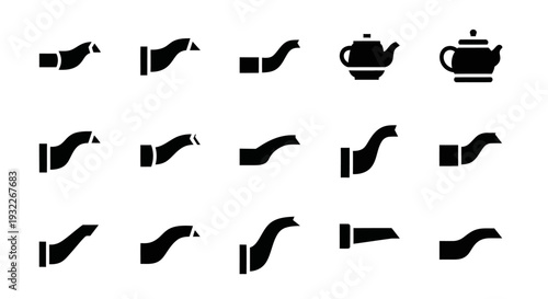 Collection of black silhouettes of teapots and tea pouring from various angles on a white background