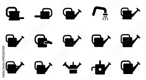 A collection of 16 black kettle icons in various designs on a white background showcasing different kettle types and faucet designs