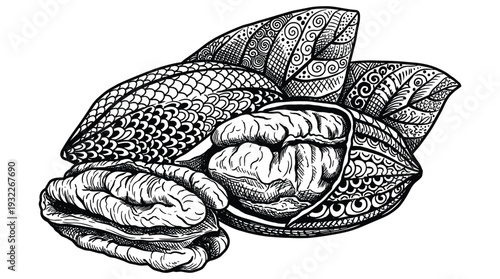 Pecan nut engraving with decorative patterns showing shelled kernels and whole hard shells