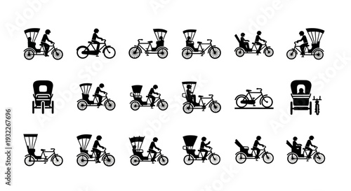 Collection of people riding bicycles in various styles and configurations on simple white background viewed from side
