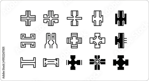 Collection of various abstract geometric shapes and symbols arranged in a grid pattern on a clean background from a straightforward viewpoint