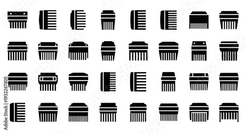 Collection of various combs arranged in a grid pattern on a white background from a direct viewpoint