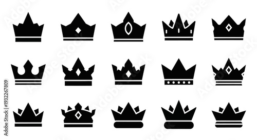 Collection of various black crown silhouettes on a white background displayed in a grid arrangement