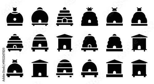 Collection of various black silhouettes of ovens on a white background viewed from the front