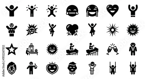 Collection of simple black icons representing various emotions and actions displayed on a white background