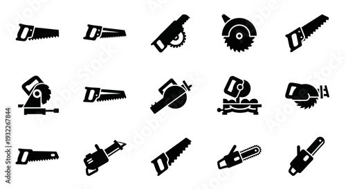 Collection of various carpentry tools in black silhouette on a plain background