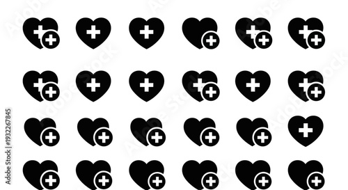 Collection of Various Heart Symbols with Medical Cross Icons in Different Orientations
