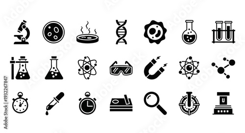Collection of science and technology icons representing various concepts and tools used in scientific research and experimentation