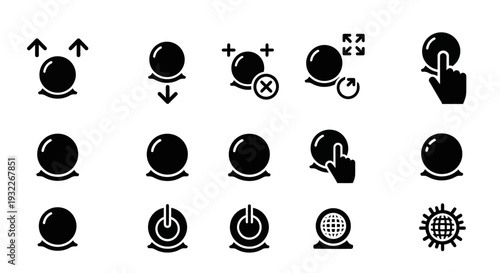 Collection of black icons representing various interactive elements and actions on a transparent background displayed from a straightforward viewpoint