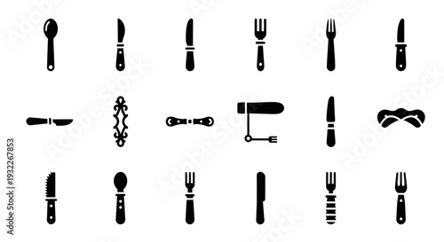 Set of black silhouettes of various cutlery and utensils arranged in a grid pattern on a white background viewed from directly above