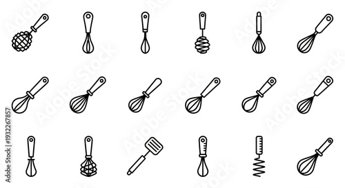 Collection of kitchen utensils, including mixers and whisks, in a grid layout on a white background from a straightforward viewpoint