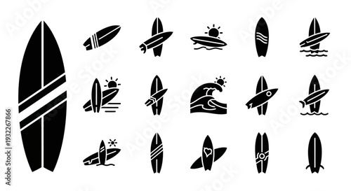 Collection of various surfboard illustrations showcasing different designs and styles in a grid layout on a plain background from a straightforward viewpoint