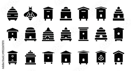 Collection of various beehive icons displayed in a grid pattern on a clean background from a direct viewpoint