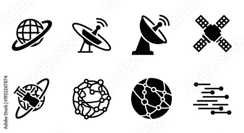 Satellites and planetary bodies in space, icons representing technology and astronomy, digital illustrations on a clean background, viewed from a straightforward angle.