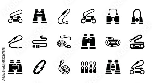 Collection of various camera equipment icons displayed in a grid layout on a clean white background from a straightforward viewpoint