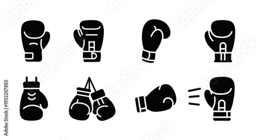 Collection of black boxing glove illustrations arranged on a white background from various viewpoints