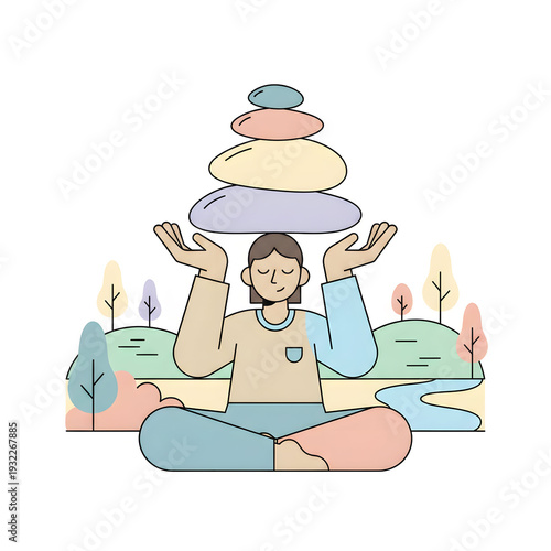 Calm Meditation Illustration with Stacked Balance Stones